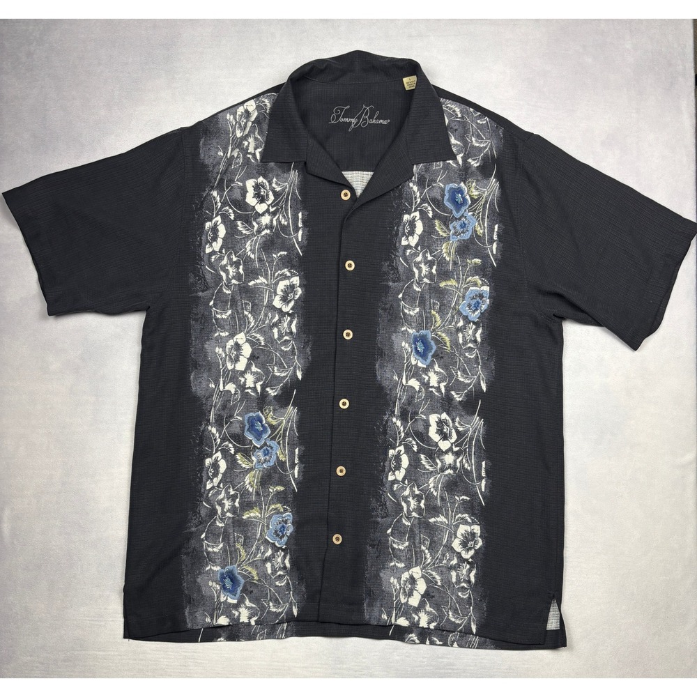Tommy Bahama Mens Large Black 100% Silk Floral Panel Camp Shirt Short Sleeve